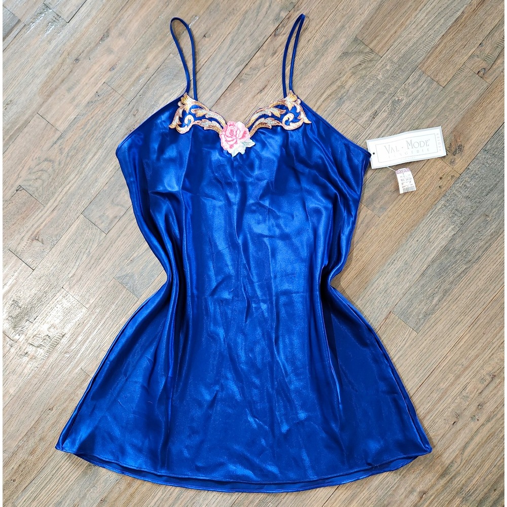 VTG New Val Mode Lingerie Royal Blue Satin Slip Nightgown Rose Embroidered M USA